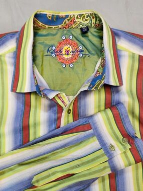 Robert Graham Shirt Mens 3XL Multicolor Striped Button Up Flip Cuff Cotton Silk